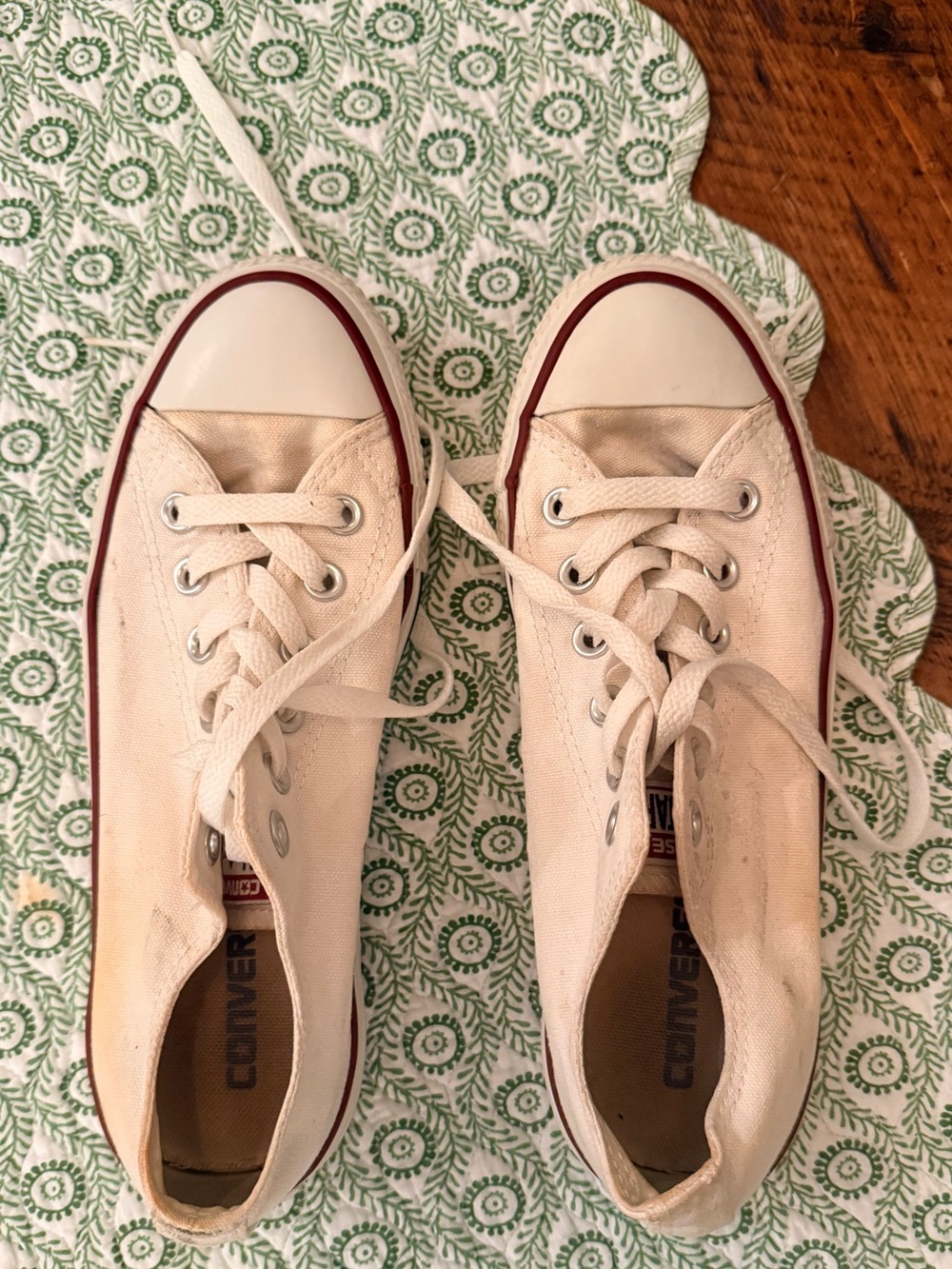 Converse Low Top Canvas Sneakers in Cream with Burgundy Trim